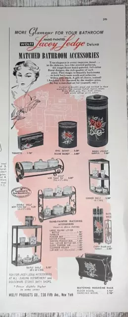 1953 Wolff Vintage Print Ad Bathroom Accessories Lacey Ledge Hand Painted