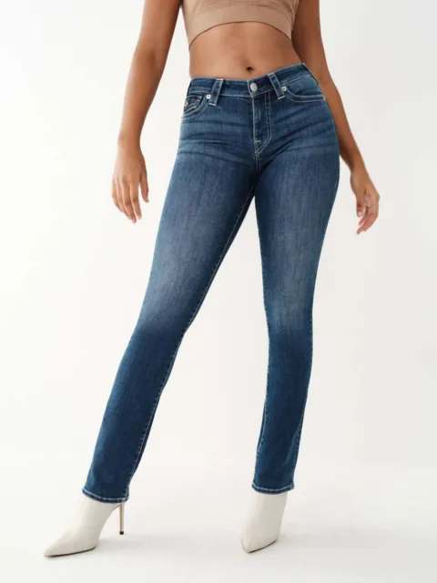 NWT - True Religion Women’s Billie Mid Rise Straight Jeans Medium Wash 4 Size 28