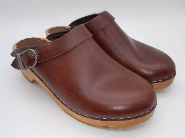 Hanna Andersson Wood Clogs Brown Leather Women’s Size EU 38 Handmade In Sweden