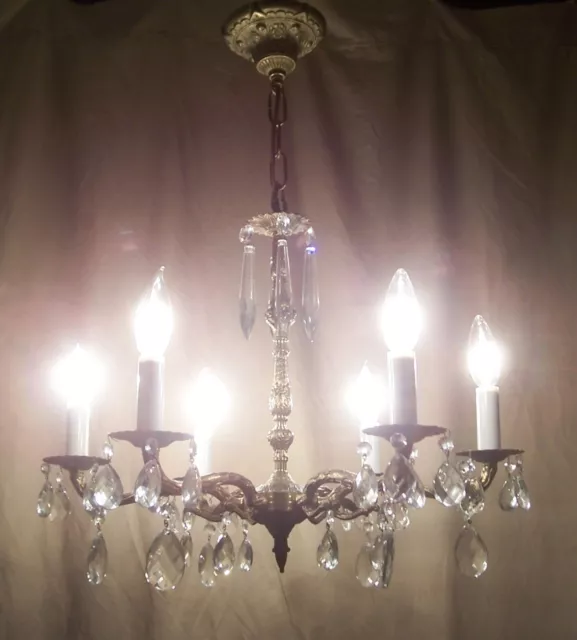 Vtg Chandelier Light Fixture Spanish Art MCM Retro French Brass 6 Prism USA #T71
