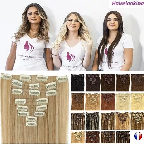 Kit Extensions A Clips Cheveux 100% Naturels  Remy 42/49/53/60Cm Tête Complete