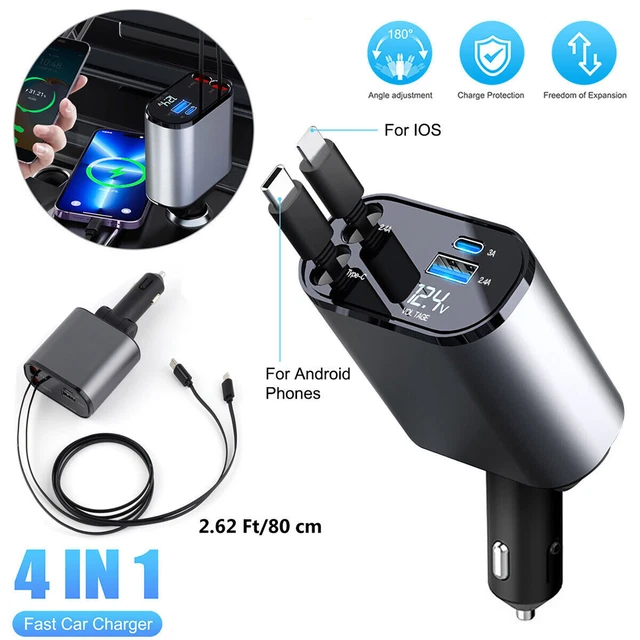 Caricabatterie auto retrattile regolabile doppia porta USB A+C PD adattatore ricarica rapida