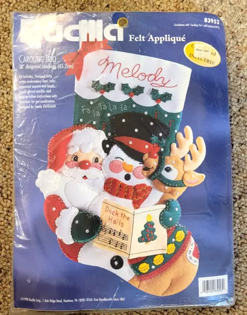 Trío de fieltro vintage de medias navideñas Bucilla de 18"" 83953 aplique de fieltro