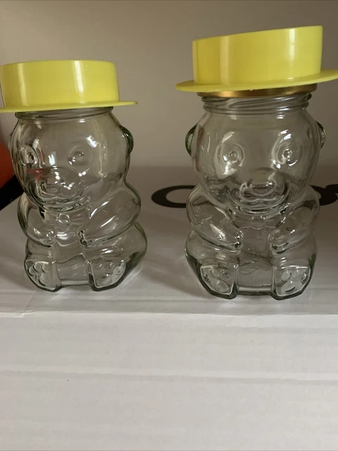 X CLEAR Glass Teddy Bear Jar Canister Gold Lid Yellow Hat In