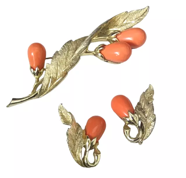 Sarah Coventry 1962 "Bittersweet" Faux Coral Brooch and Clip-On Earring Set