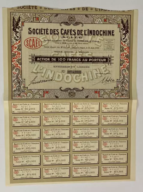 1926 Societe Des Cafes De L'Indochine Stock Certificate Saigon Vietnam