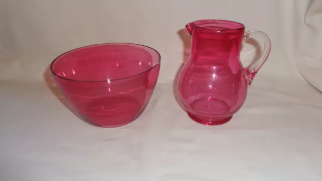 Vintage Cranberry Pink Glass Sugar Bowl And Cream Jug