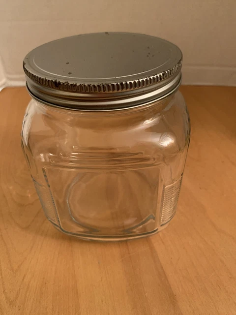 Vintage Small Glass pantry jar- top metal lid- square glass- USA