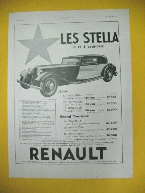 Publicite De Presse Renault Automobile Gamme Les Stella 6 Et 8 Cylindres 1933