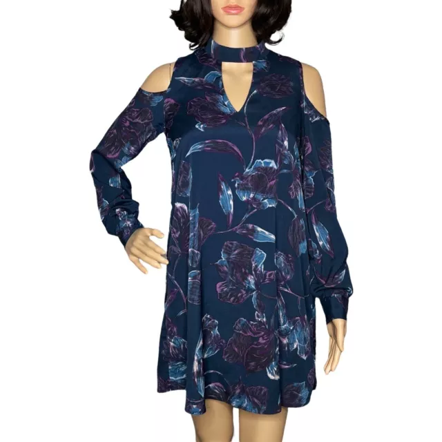 Everly Cold Shoulder Mini Dress Womens Small Floral Print Navy Blue Long Sleeve