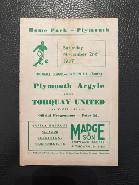 2.11.1957. Plymouth Argyle v Torquay United (Div 3 South).