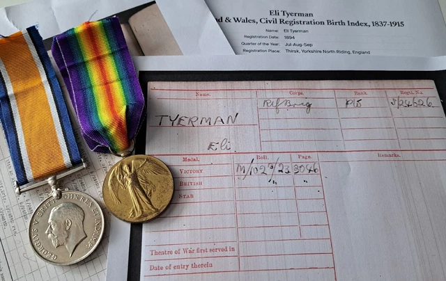 WW1 Pair, British War & Victory Medal Pte Tyerman, 2nd Rifle Brigade, Thirsk Man