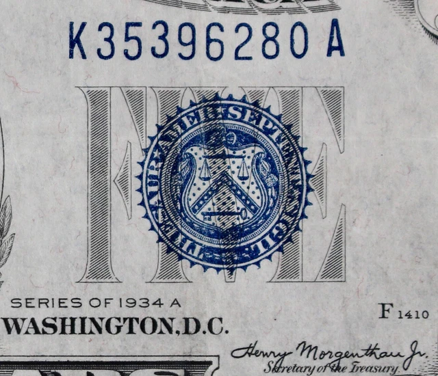 GAP RUN K-A block $5 1934A blue seal Silver Certificate K35396280A series A