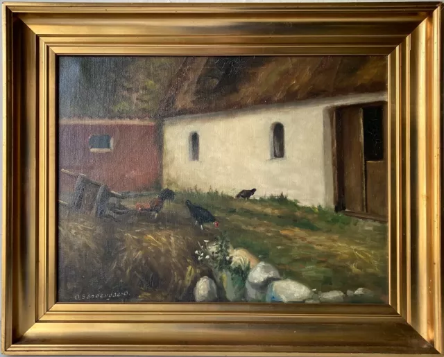 Pintura Al Óleo Impresionista Ole Söndergaard 1931 Casa Campo Con Gallinas Marco