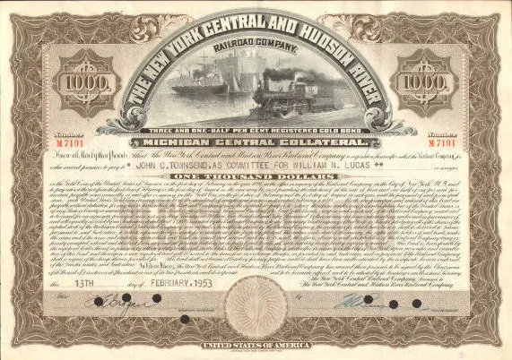 New York Central & Hudson River Railroad $1000 Michigan Central bond certificate