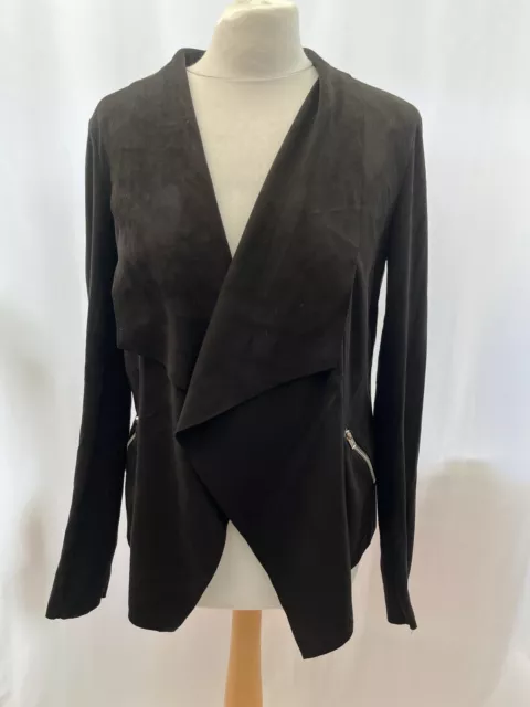 Warehouse Jacket Size 12 Black Faux Suede Long Sleeve Collar Open Womens