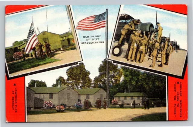Postcard Airplane Mechanics US Flag View Gulfport Field Mississippi VTG Unused