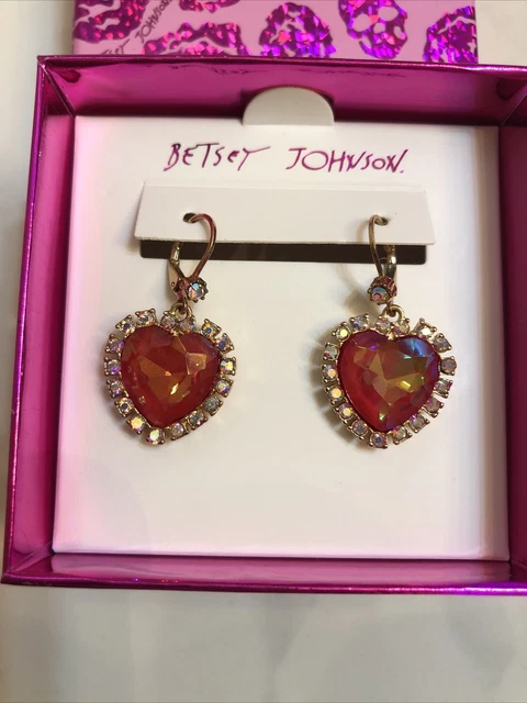 Betsey Johnson Gold Tone Pink Heart Drop Earrings Iridescent Crystal Accents NIB