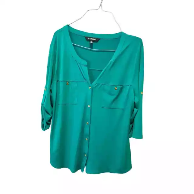 Ellen Tracy Button-Up Blouse Top Women's M Green 3/4-Sleeve Round Neck Polyester