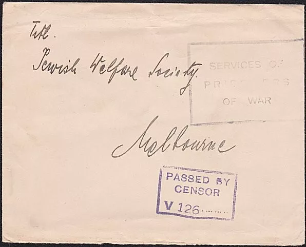 AUSTRALIA WW2 POW cover ex Tatura Camp to Jewish Welfare Society...........A8338