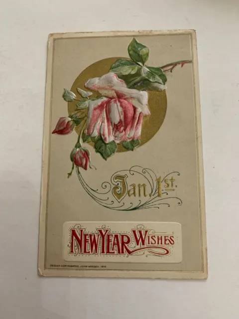 1913 New Year Wishes Embossed Postcard Rose