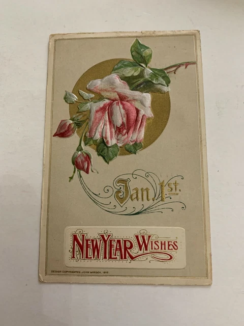 1913 New Year Wishes Embossed Postcard Rose