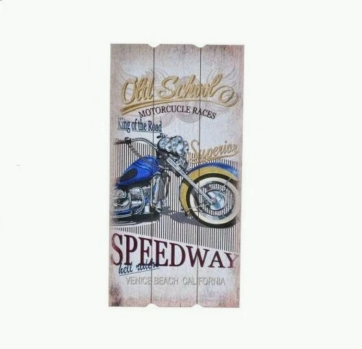 Tableau en bois 60 x 70 cm : Motel Route 66 Vintage Poster avec une femme et à la moto sur bois