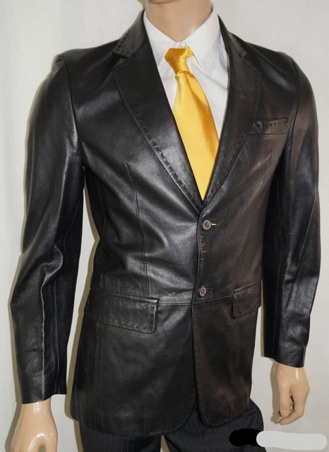 Hombre Clásico Cuero Piel Cordero Chaqueta Americana Alta Calidad Dos Negro