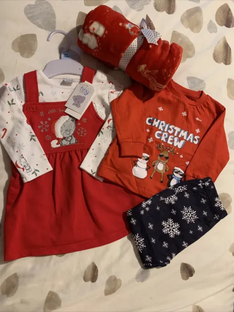 6-9 month Girls Christmas Bundle  Tiny Tatty Teddy dress Pyjamas & Xmas Blanket