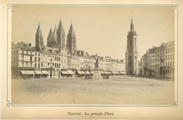 Belgique, Tournai, la grande place  vintage albumen print. Tirage albuminé