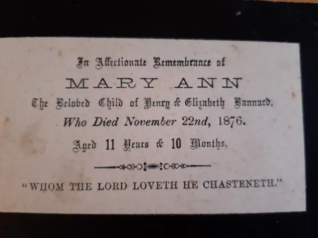 In Memoriam Card 1876 Girl aged 11 - MARY ANN BANNARD Mourning Death Victorian