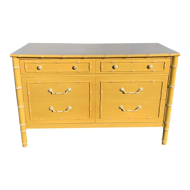 1970s Thomasville Henry Link Boho Chic Style Yellow Faux Bamboo Chest of Drawers 1970s Thomasville Henry Link Boho Chic Style Yellow Faux Bamboo Chest of Drawers