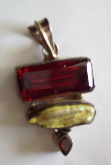Pretty Sterling Pendant w/ Ruby Glass Garnet & Abalone - Chunky Style