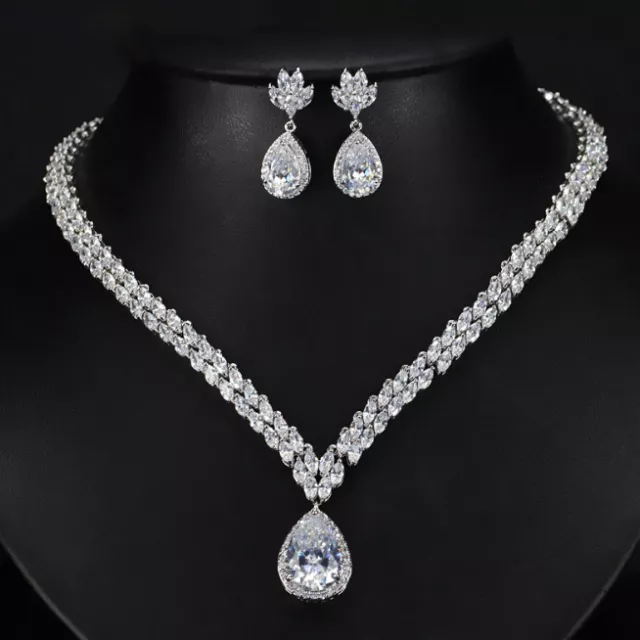 18k White Gold Plated Necklace Earrings Set made w Swarovski Crystal Marquise