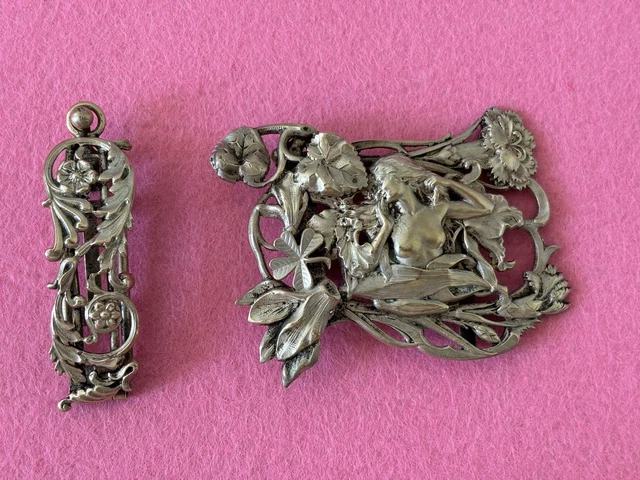 Boucle De Ceinture Ancienne En Argent Massif Style Art Nouveau (vers 1900) - Décor Floral - Occasion