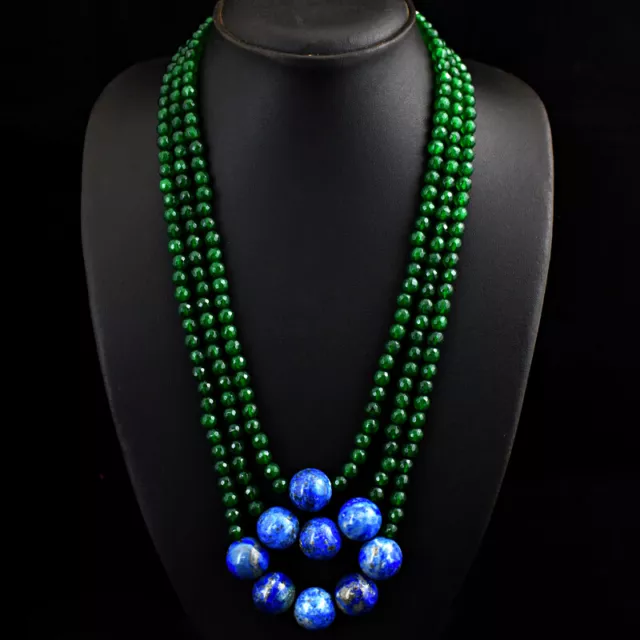 668.00 Cts Natural 3 Strand Onyx & Lapis Lazuli Round Beads Necklace JK 01E283