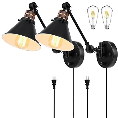 Plug in Wall Sconces Set of 2,  Swing Arm Wall Lamp with Dimmable On Off 2 pack