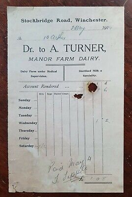 1914 A. Turner, Manor Farm Dairy, Stockbridge Road, Winchester Invoice