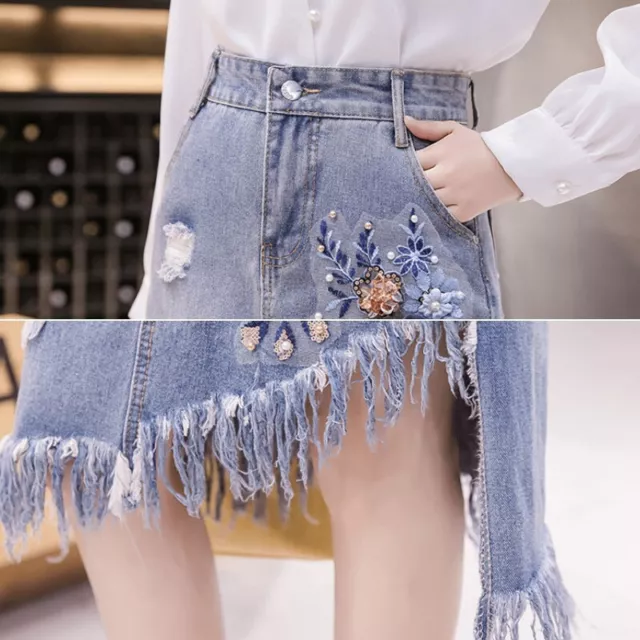 Donna Asimmetrico Jeans Gonne Ricamo Floreale Strappato Nappa Tasca