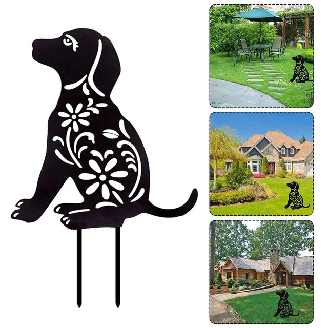 Intricate Floral Cutouts Shadow Silhouette Garden Stake with Cute Puppy Design