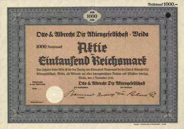 Otto Albrecht Dix 1941 Weida Wünschendorf Auma Talsperre Eschwege 1000 RM Blanko