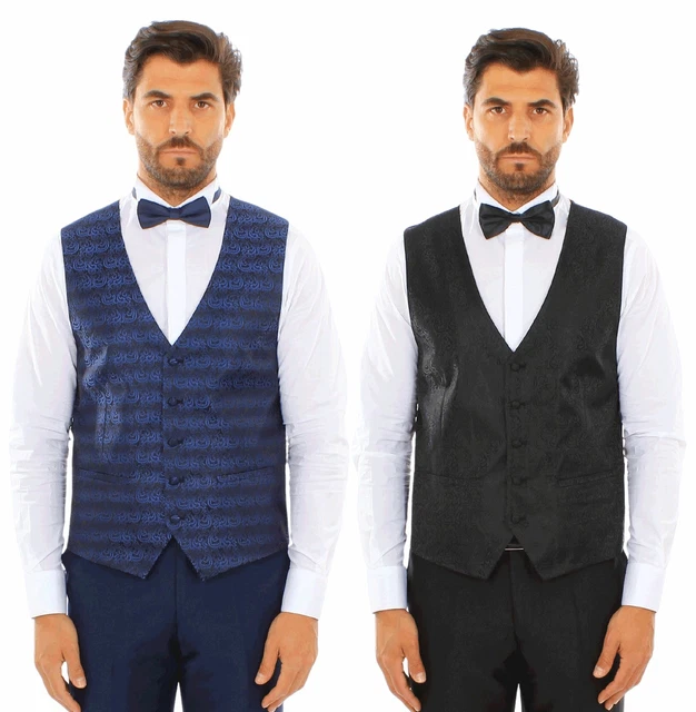 Gilet Uomo Damascato Elegante Panciotto Smanicato da Abito Blu Nero Slim Fit