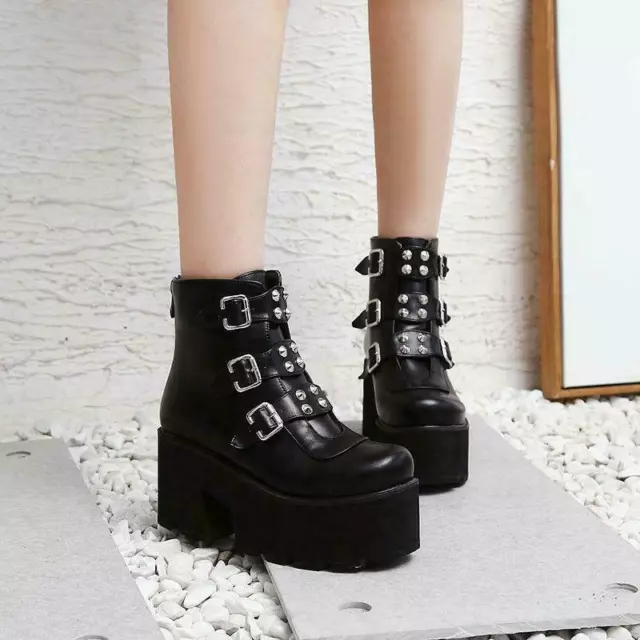 Womens Fashion Punk Buckle Strap Rivet Gothic Chunky High Heels Ankle Boots Size