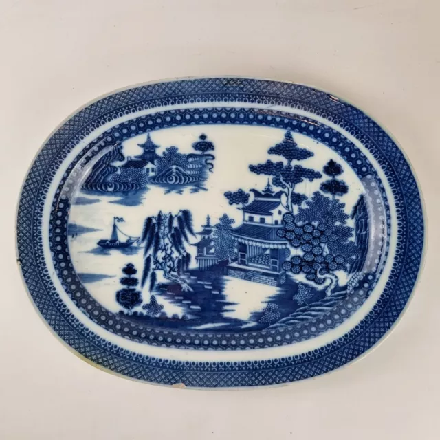 Antique Chinese Blue And White Platter Decorated With Landscape 37cm Wide