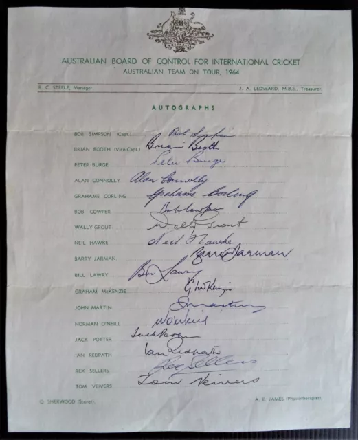 Australia To England 1964 Official Cricket Autograph Team Sheet