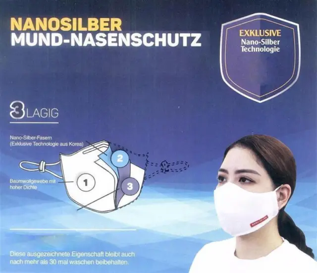 Atemschutzmaske Nanosilber Mundschutz Maske neu 3 Lagig 30 x Waschbar