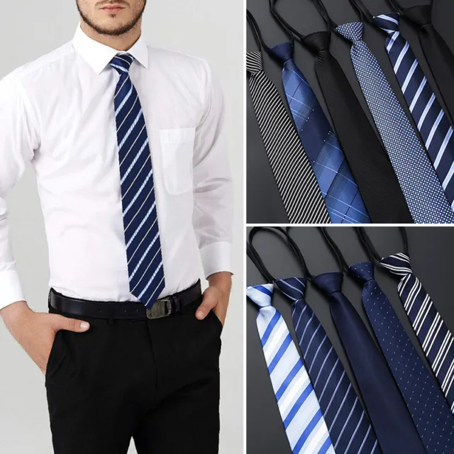 Men Solid Color Ready Knot Pre Tied Formal Zipper Tie Neck Wear Striped Neck US