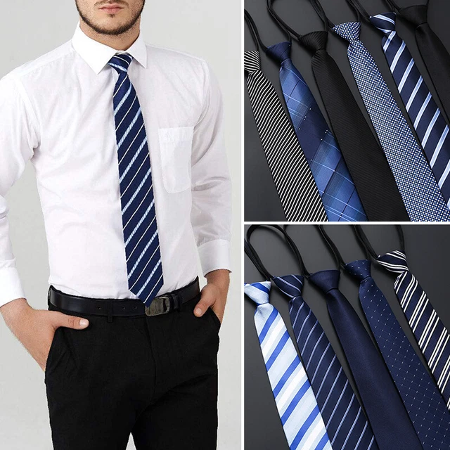 Men Solid Color Ready Knot Pre Tied Formal Zipper Tie Neck Wear Striped Necktie
