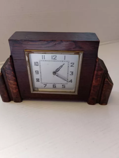 Antique Clock Art Deco  1930s Complete Original Solid Oak Spares Or Repairs