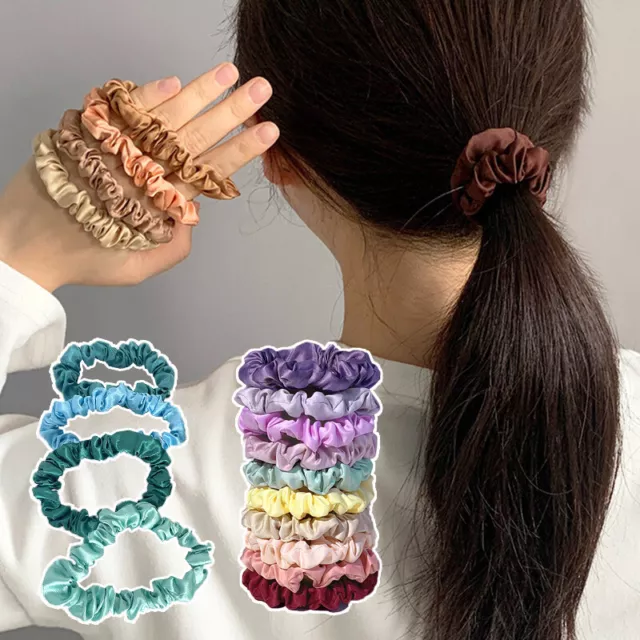10Pcs/Pack Silky Satin Scrunchies Solid Color Elastic Hair Rope Set Headwear ⌒